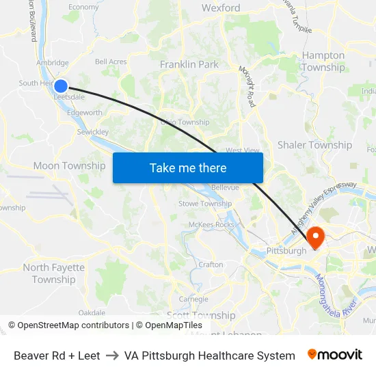 Beaver Rd + Leet to VA Pittsburgh Healthcare System map