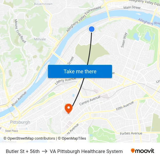 Butler St + 56th to VA Pittsburgh Healthcare System map