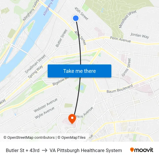 Butler St + 43rd to VA Pittsburgh Healthcare System map