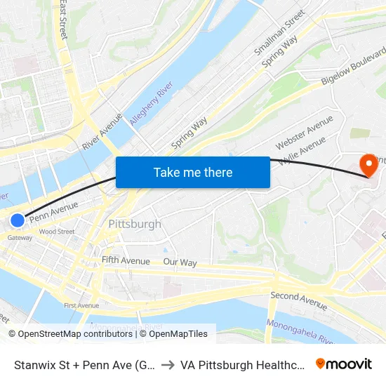 Stanwix St + Penn Ave (Gateway #2) to VA Pittsburgh Healthcare System map