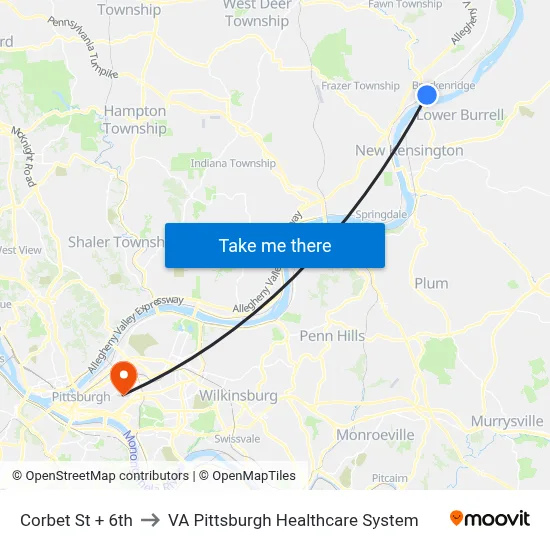 Corbet St + 6th to VA Pittsburgh Healthcare System map
