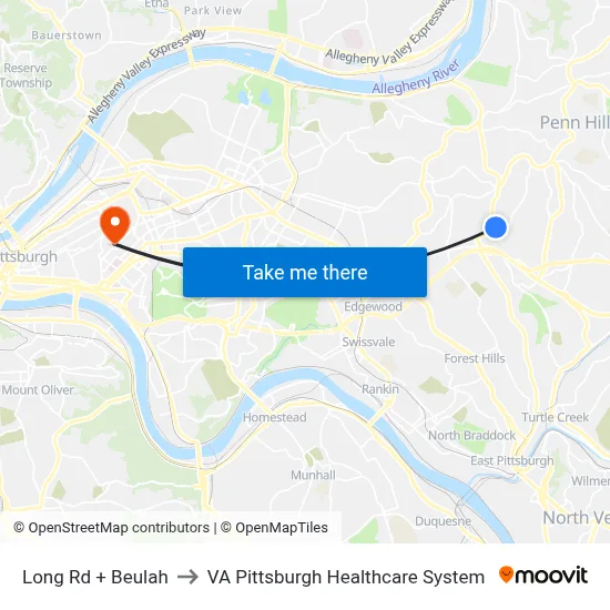 Long Rd + Beulah to VA Pittsburgh Healthcare System map