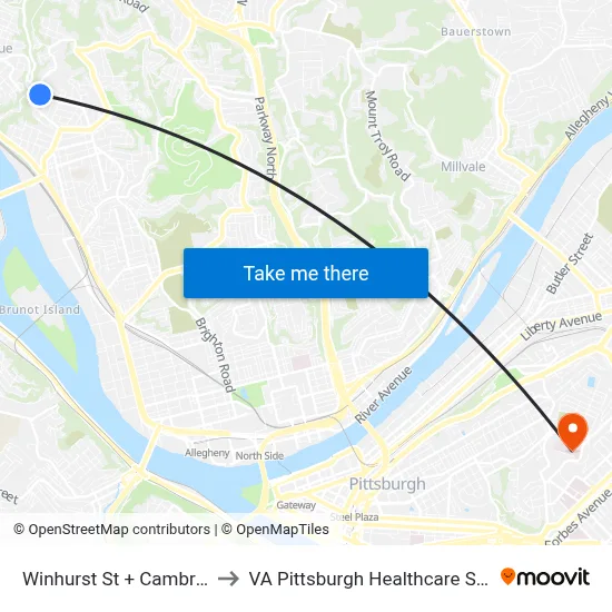 Winhurst St + Cambronne to VA Pittsburgh Healthcare System map