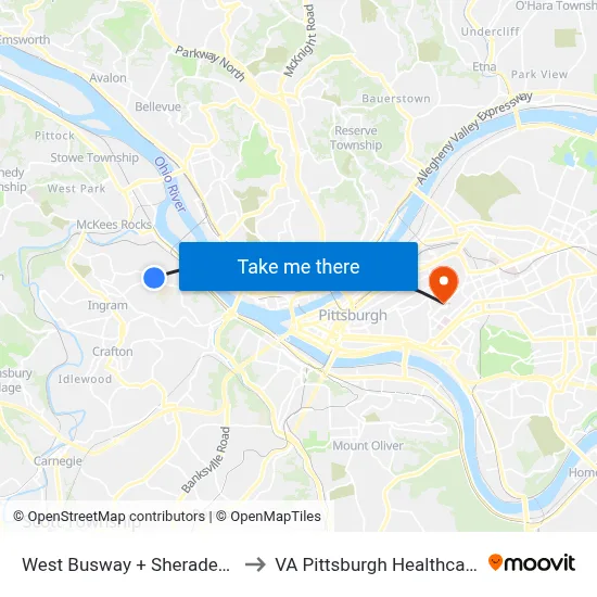 West Busway + Sheraden Station B to VA Pittsburgh Healthcare System map
