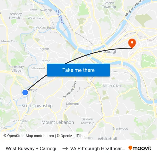 West Busway + Carnegie Station to VA Pittsburgh Healthcare System map