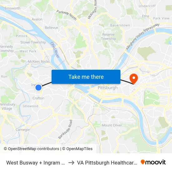 West Busway + Ingram Station C to VA Pittsburgh Healthcare System map