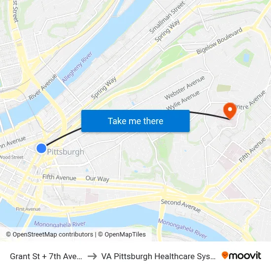 Grant St + 7th Ave FS to VA Pittsburgh Healthcare System map