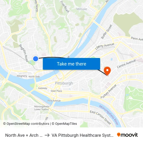 North Ave + Arch St to VA Pittsburgh Healthcare System map