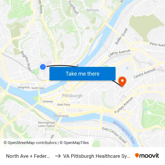 North Ave + Federal St to VA Pittsburgh Healthcare System map