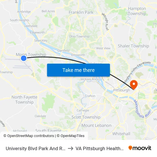 University Blvd Park And Ride at Shelter to VA Pittsburgh Healthcare System map