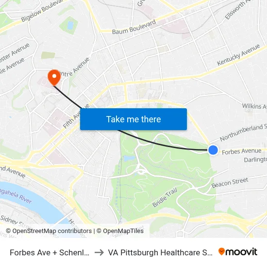 Forbes Ave + Schenley Dr to VA Pittsburgh Healthcare System map