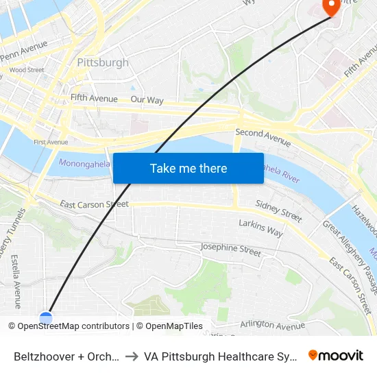 Beltzhoover + Orchard to VA Pittsburgh Healthcare System map