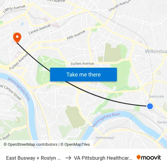 East Busway + Roslyn Station C to VA Pittsburgh Healthcare System map