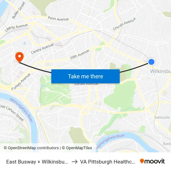 East Busway + Wilkinsburg Station C to VA Pittsburgh Healthcare System map