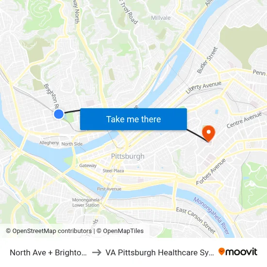North Ave + Brighton Rd to VA Pittsburgh Healthcare System map