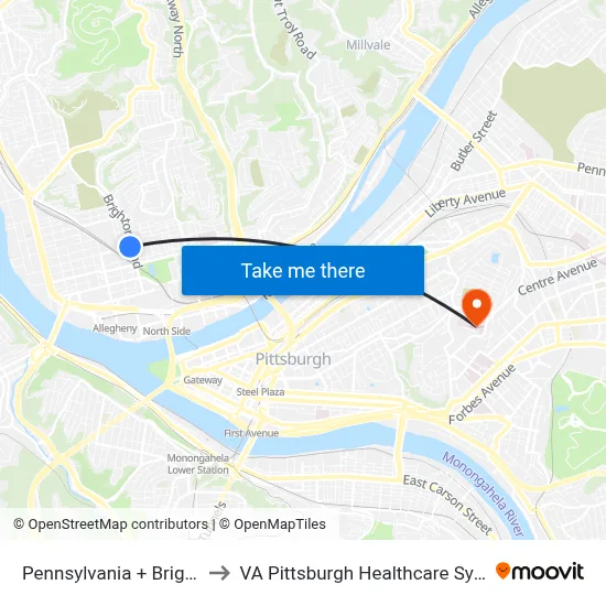 Pennsylvania + Brighton to VA Pittsburgh Healthcare System map