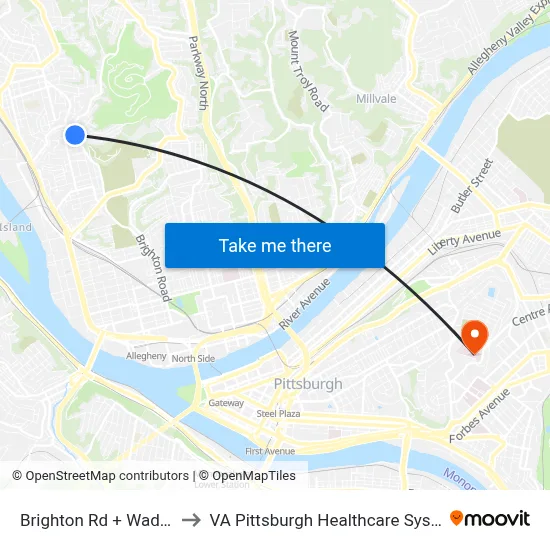 Brighton Rd + Wadlow to VA Pittsburgh Healthcare System map