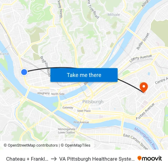 Chateau + Franklin to VA Pittsburgh Healthcare System map