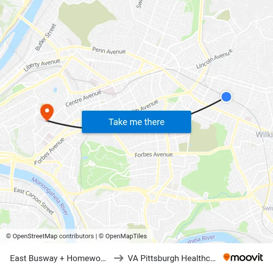 East Busway + Homewood Station B to VA Pittsburgh Healthcare System map
