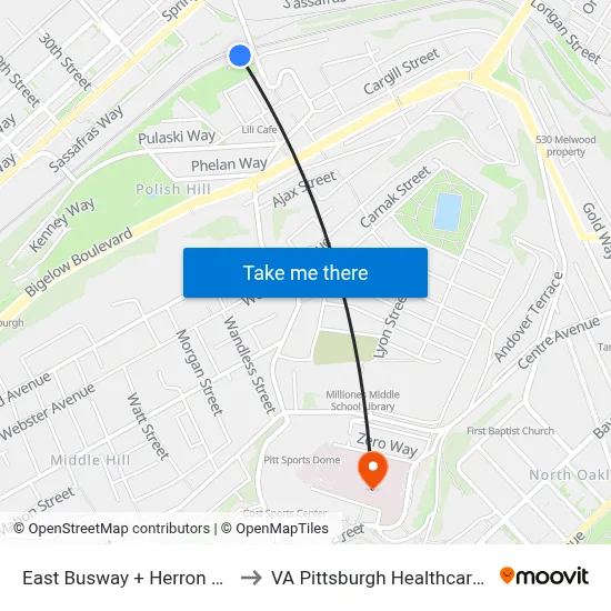 East Busway + Herron Station D to VA Pittsburgh Healthcare System map