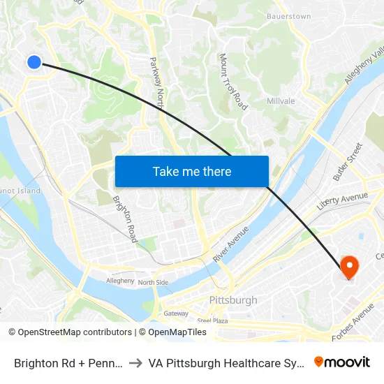 Brighton Rd + Pennock to VA Pittsburgh Healthcare System map