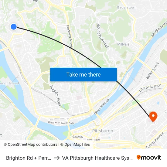 Brighton Rd + Perrott to VA Pittsburgh Healthcare System map