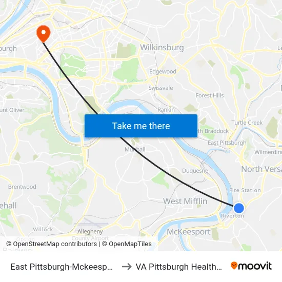 East Pittsburgh-Mckeesport + Fairmont to VA Pittsburgh Healthcare System map
