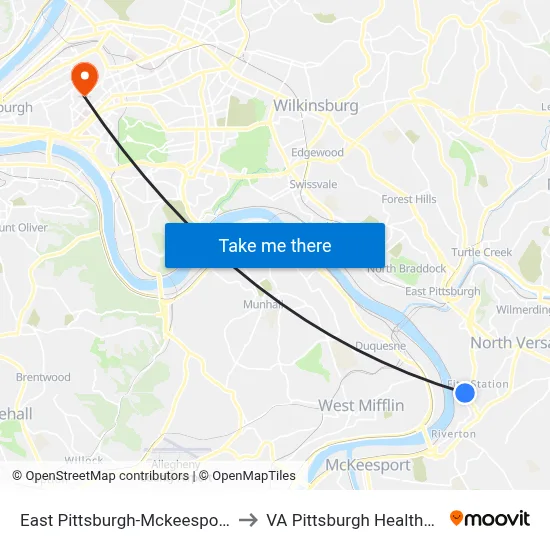 East Pittsburgh-Mckeesport Blvd + Orris to VA Pittsburgh Healthcare System map