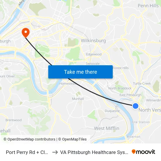 Port Perry Rd + Clyde to VA Pittsburgh Healthcare System map