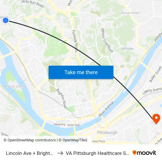 Lincoln Ave + Brighton Rd to VA Pittsburgh Healthcare System map