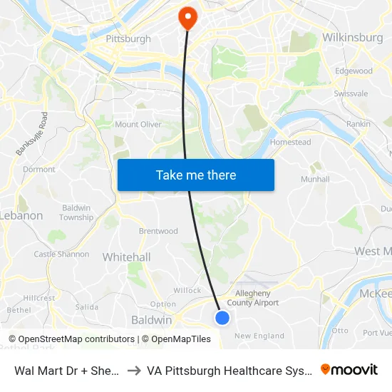 Wal Mart Dr + Shelter to VA Pittsburgh Healthcare System map