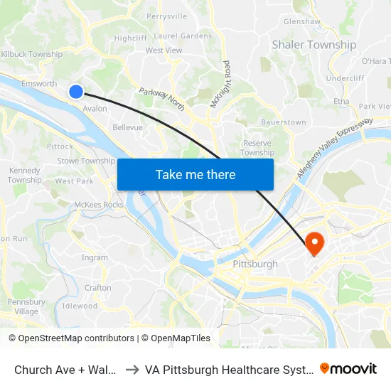 Church Ave + Walnut to VA Pittsburgh Healthcare System map