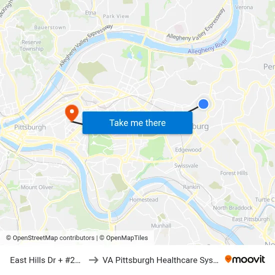 East Hills Dr + #2340 to VA Pittsburgh Healthcare System map