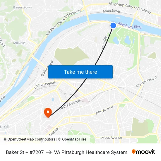Baker St + #7207 to VA Pittsburgh Healthcare System map