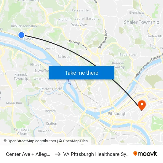 Center Ave + Allegheny to VA Pittsburgh Healthcare System map