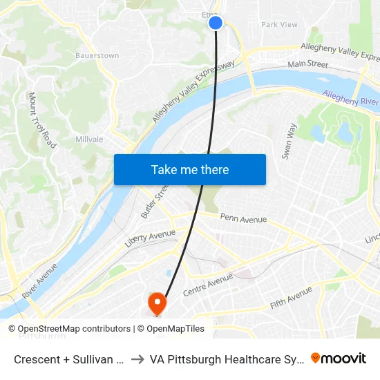 Crescent + Sullivan Way to VA Pittsburgh Healthcare System map