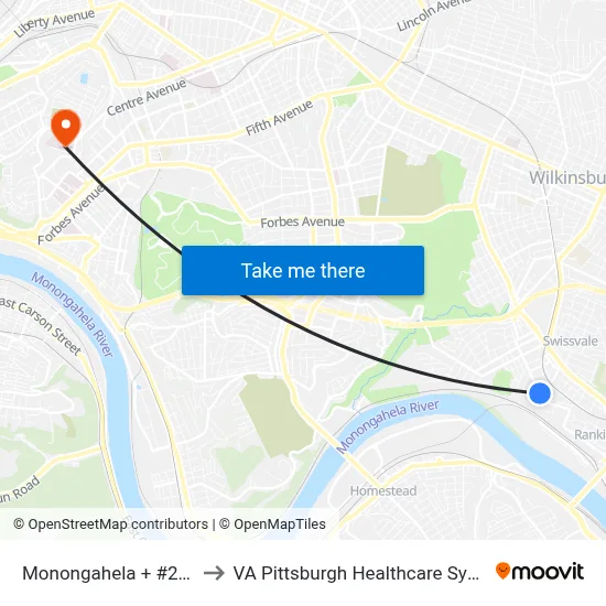 Monongahela + #2129 to VA Pittsburgh Healthcare System map
