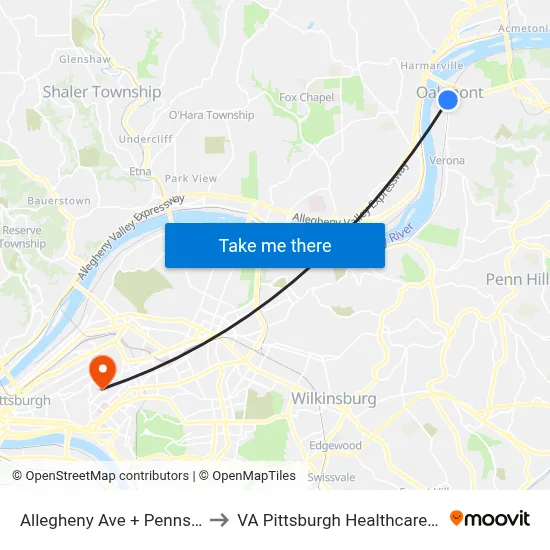 Allegheny Ave + Pennsylvania to VA Pittsburgh Healthcare System map