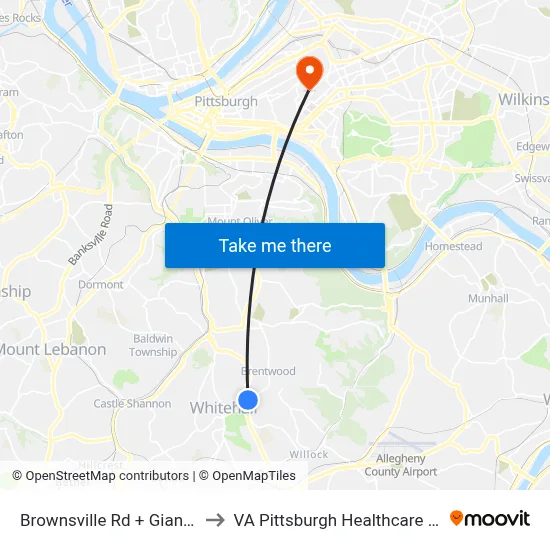 Brownsville Rd + Giant Eagle to VA Pittsburgh Healthcare System map