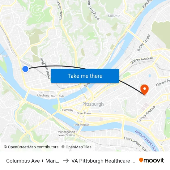 Columbus Ave + Manhattan to VA Pittsburgh Healthcare System map