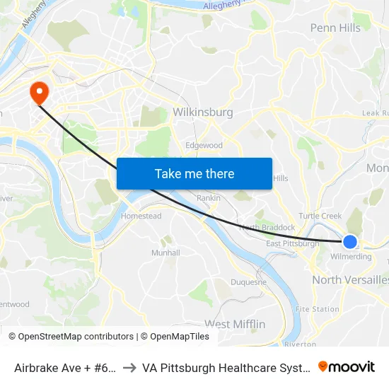 Airbrake Ave + #620 to VA Pittsburgh Healthcare System map