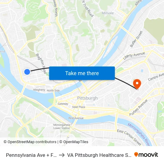 Pennsylvania Ave + Fulton to VA Pittsburgh Healthcare System map