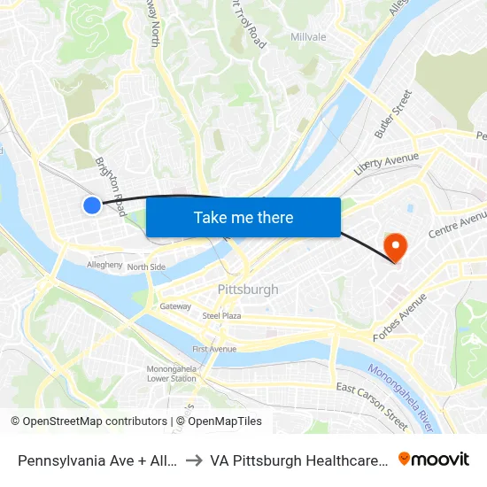 Pennsylvania Ave + Allegheny to VA Pittsburgh Healthcare System map