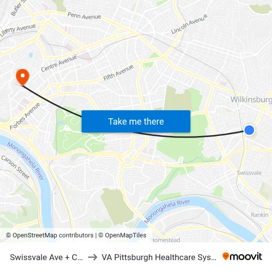 Swissvale Ave + Coal to VA Pittsburgh Healthcare System map