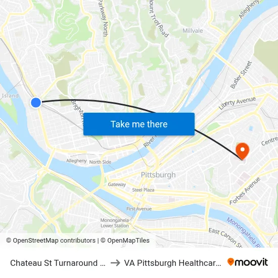 Chateau St Turnaround + Beaver to VA Pittsburgh Healthcare System map