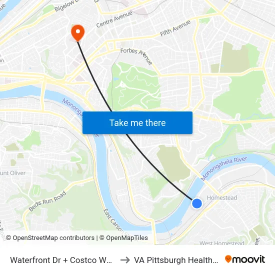 Waterfront Dr + Costco Wholesale Drvwy to VA Pittsburgh Healthcare System map