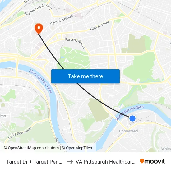 Target Dr + Target Perimeter Rd to VA Pittsburgh Healthcare System map