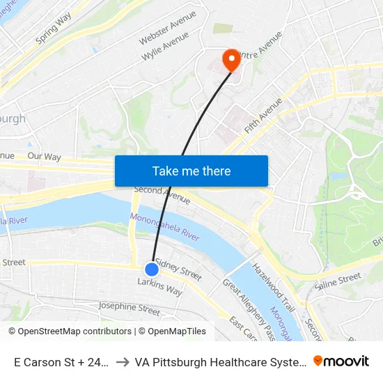 E Carson St + 24th to VA Pittsburgh Healthcare System map