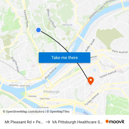 Mt Pleasant Rd + Penfort to VA Pittsburgh Healthcare System map