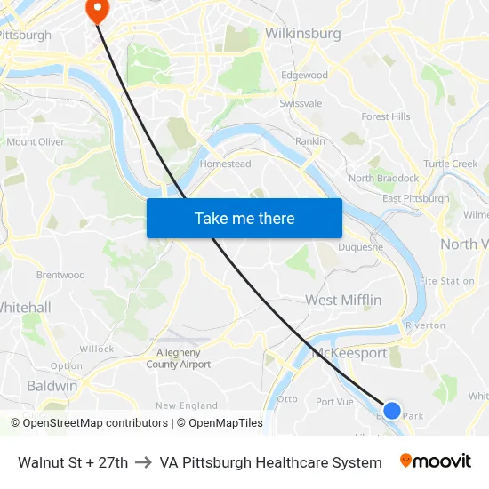 Walnut St + 27th to VA Pittsburgh Healthcare System map